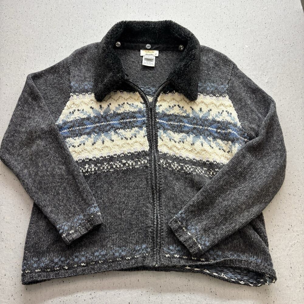Vtg Talbots Fair Isle Zip Cardigan Sweater L Gray Blue Removable Fur Collar Cozy